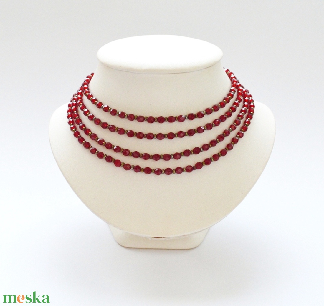 4 soros meggypiros kaláris bronzzal - 6 mm-es csiszolt üveggyöngyből - ékszer - nyaklánc - párhuzamos nyaklánc - Meska.hu