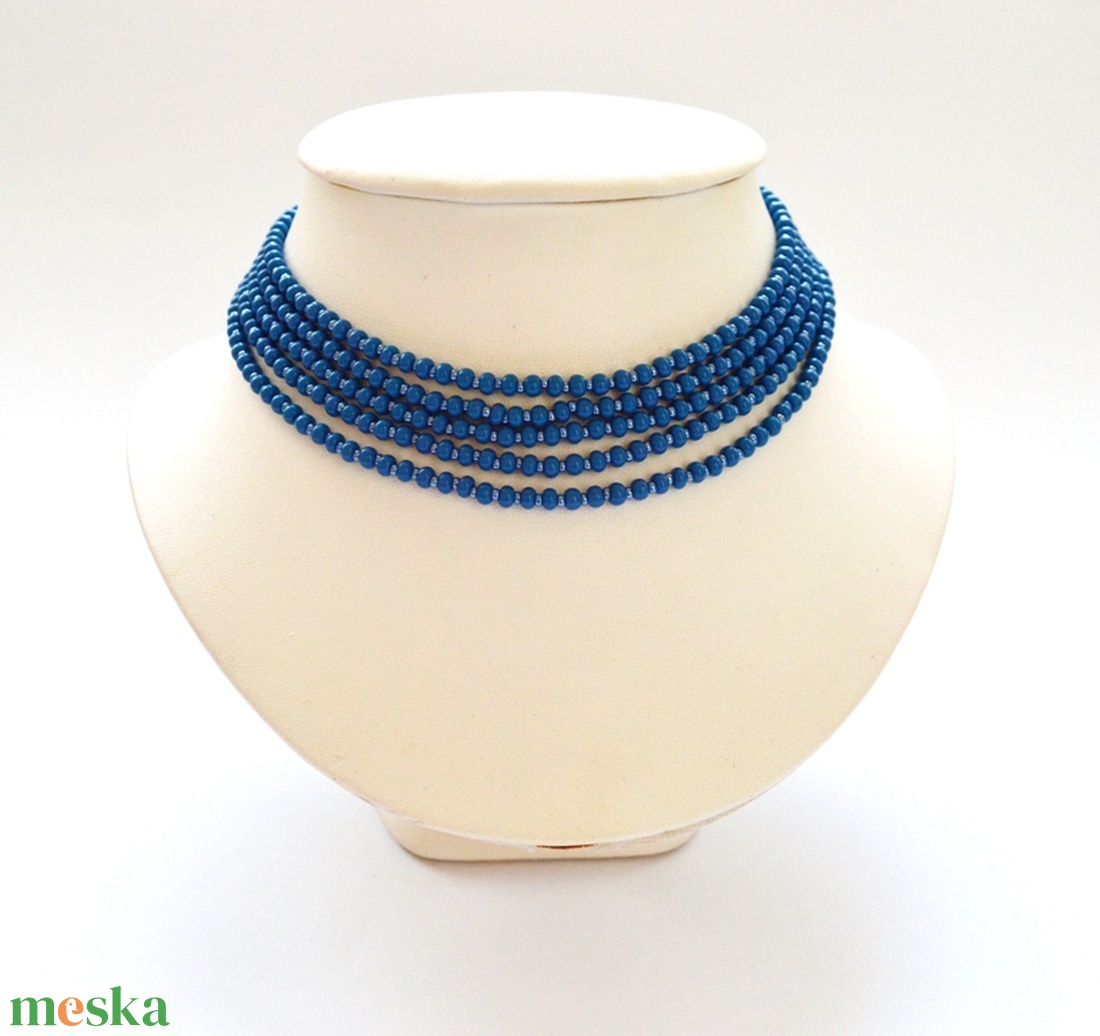 5 soros farmerkék kaláris - nagyszemű cseh kásagyöngyből, apróbb szemű, fényes világoskék gyönggyel - ékszer - nyaklánc - gyöngyös nyaklánc - Meska.hu