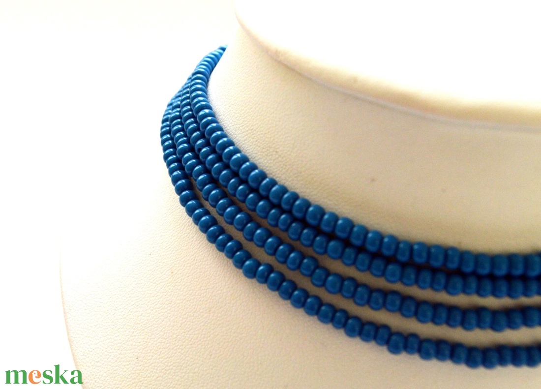 4 soros farmerkék kaláris - nagyszemű cseh kásagyöngyből - ékszer - nyaklánc - gyöngyös nyaklánc - Meska.hu