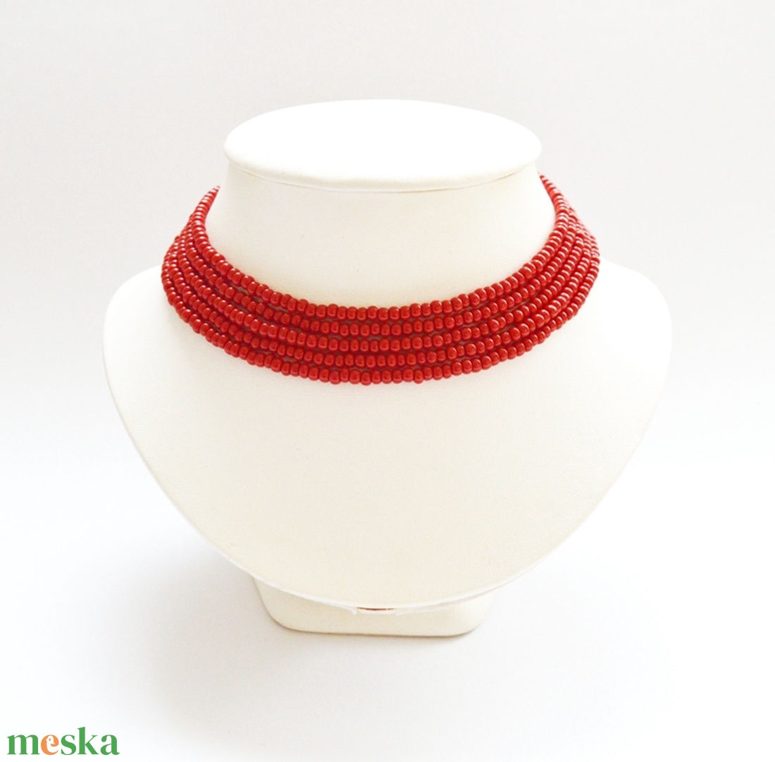 5 soros meggypiros kaláris - nagyszemű cseh kásagyöngyből - ékszer - nyaklánc - párhuzamos nyaklánc - Meska.hu