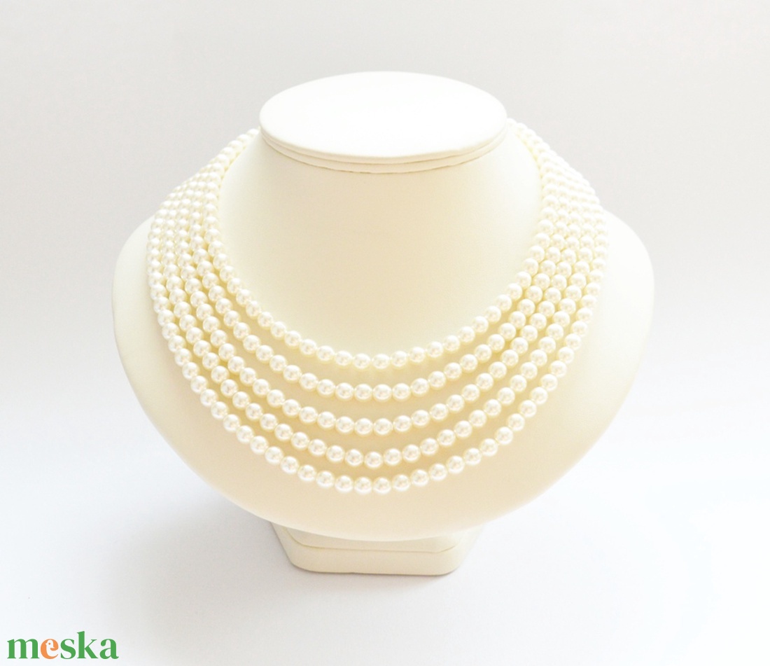 5 soros elefántcsont színű kaláris - 6 mm-es üvegtekla gyöngyből - ékszer - nyaklánc - gyöngyös nyaklánc - Meska.hu