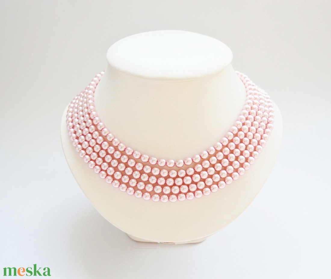 5 soros rózsaszín kaláris - 6 mm-es üvegtekla gyöngyből - ékszer - nyaklánc - gyöngyös nyaklánc - Meska.hu
