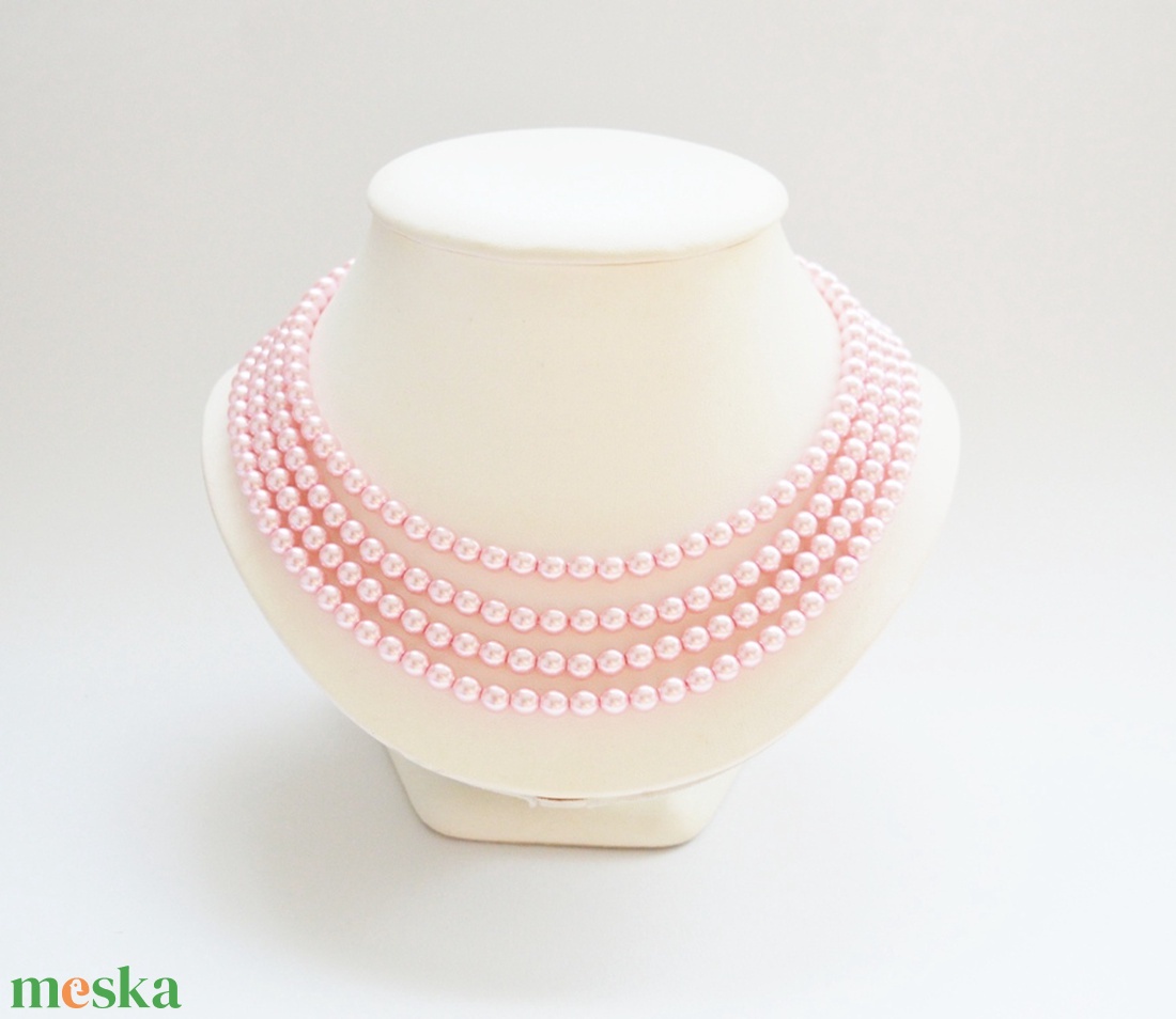 4 soros rózsaszín kaláris - 6 mm-es üvegtekla gyöngyből - ékszer - nyaklánc - gyöngyös nyaklánc - Meska.hu
