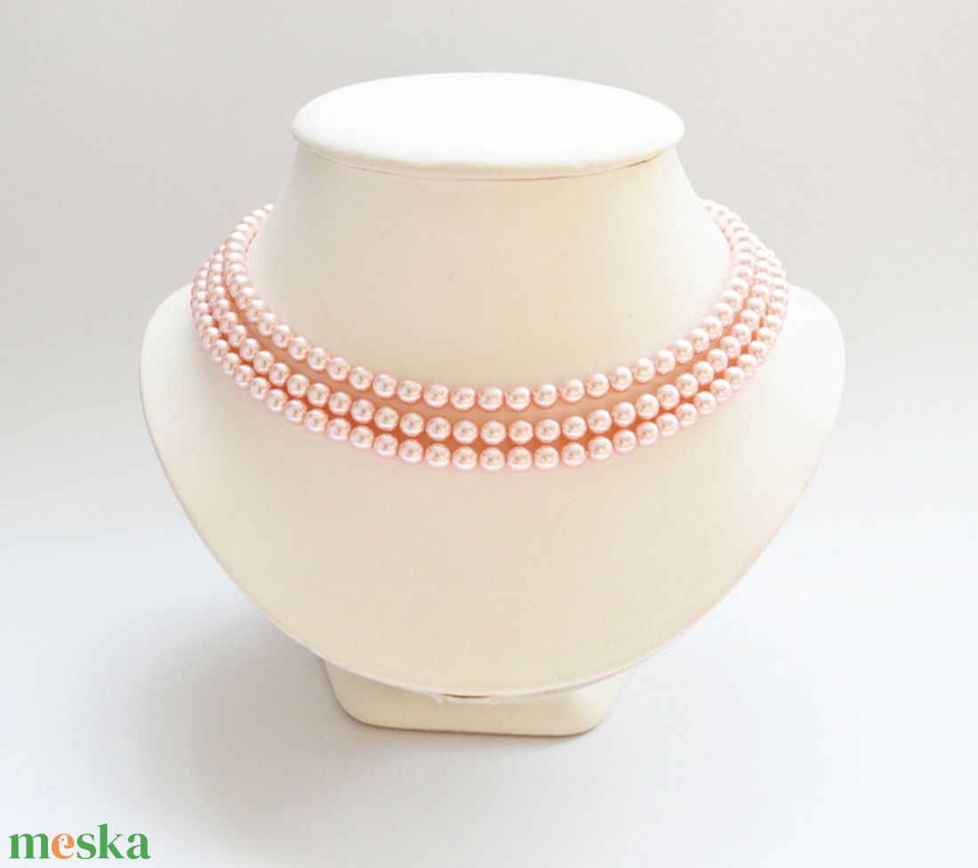 3 soros halvány rózsaszín kaláris - 6 mm-es üvegtekla gyöngyből - ékszer - nyaklánc - gyöngyös nyaklánc - Meska.hu