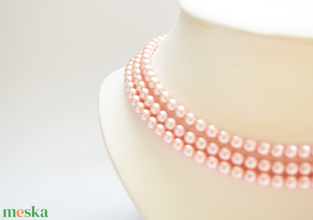 3 soros halvány rózsaszín kaláris - 6 mm-es üvegtekla gyöngyből - ékszer - nyaklánc - gyöngyös nyaklánc - Meska.hu