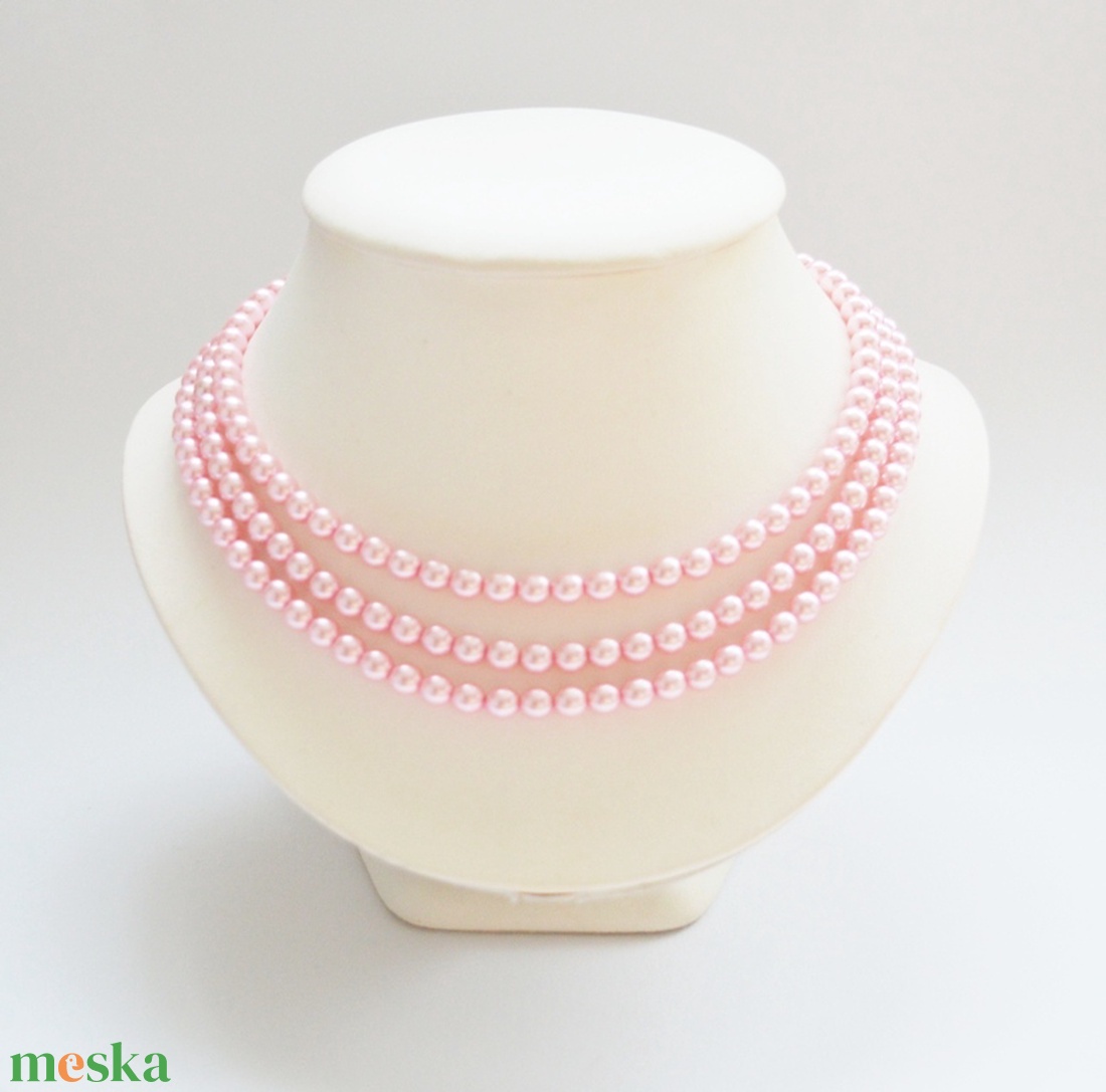 3 soros rózsaszín kaláris - 6 mm-es üvegtekla gyöngyből - ékszer - nyaklánc - gyöngyös nyaklánc - Meska.hu