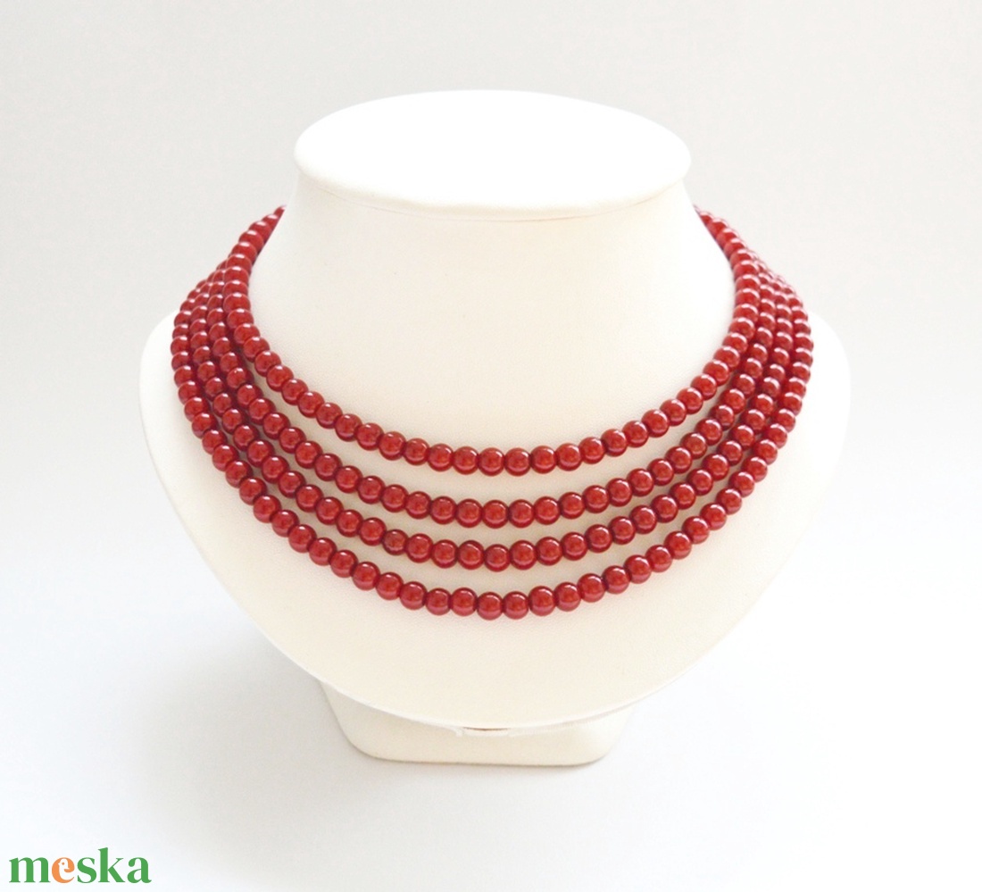 4 soros tűzpiros / sötét piros kaláris - 6 mm-es üvegtekla gyöngyből - ékszer - nyaklánc - gyöngyös nyaklánc - Meska.hu