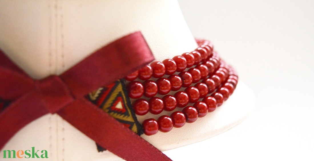 4 soros tűzpiros / sötét piros kaláris - 6 mm-es üvegtekla gyöngyből - ékszer - nyaklánc - gyöngyös nyaklánc - Meska.hu