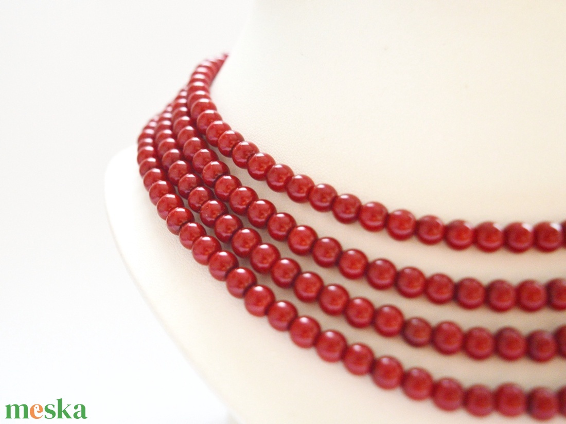 4 soros tűzpiros / sötét piros kaláris - 6 mm-es üvegtekla gyöngyből - ékszer - nyaklánc - gyöngyös nyaklánc - Meska.hu