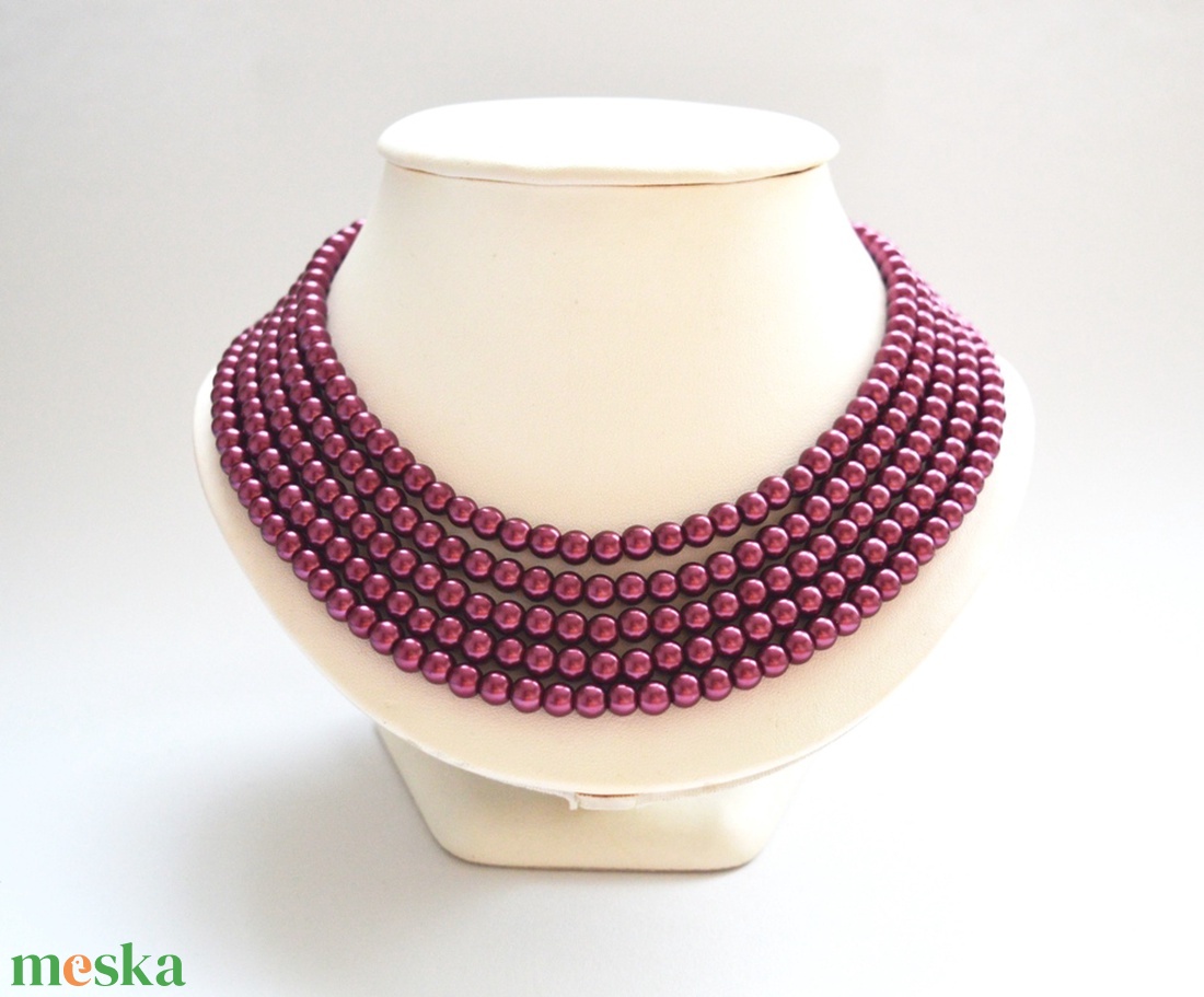 5 soros bordós lila / borvörös kaláris - 6 mm-es üvegtekla gyöngyből - ékszer - nyaklánc - gyöngyös nyaklánc - Meska.hu