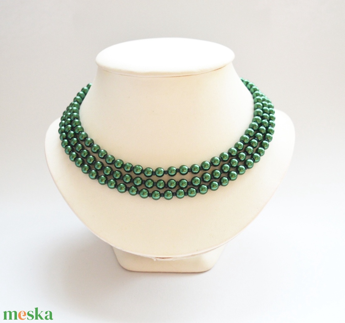 3 soros sötétzöld kaláris - 6 mm-es üvegtekla gyöngyből - ékszer - nyaklánc - gyöngyös nyaklánc - Meska.hu