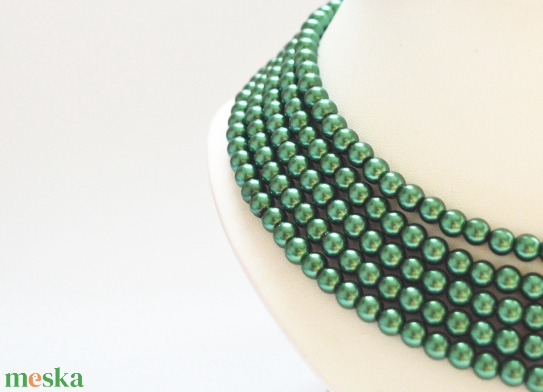 5 soros sötétzöld kaláris - 6 mm-es üvegtekla gyöngyből - ékszer - nyaklánc - gyöngyös nyaklánc - Meska.hu