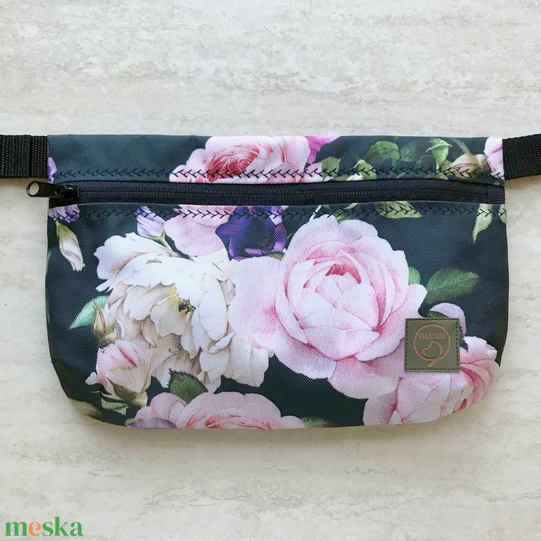 Nagy Rózsás Sötétzöld Vízlepergető Övtáska - táska & tok - övtáska - Meska.hu