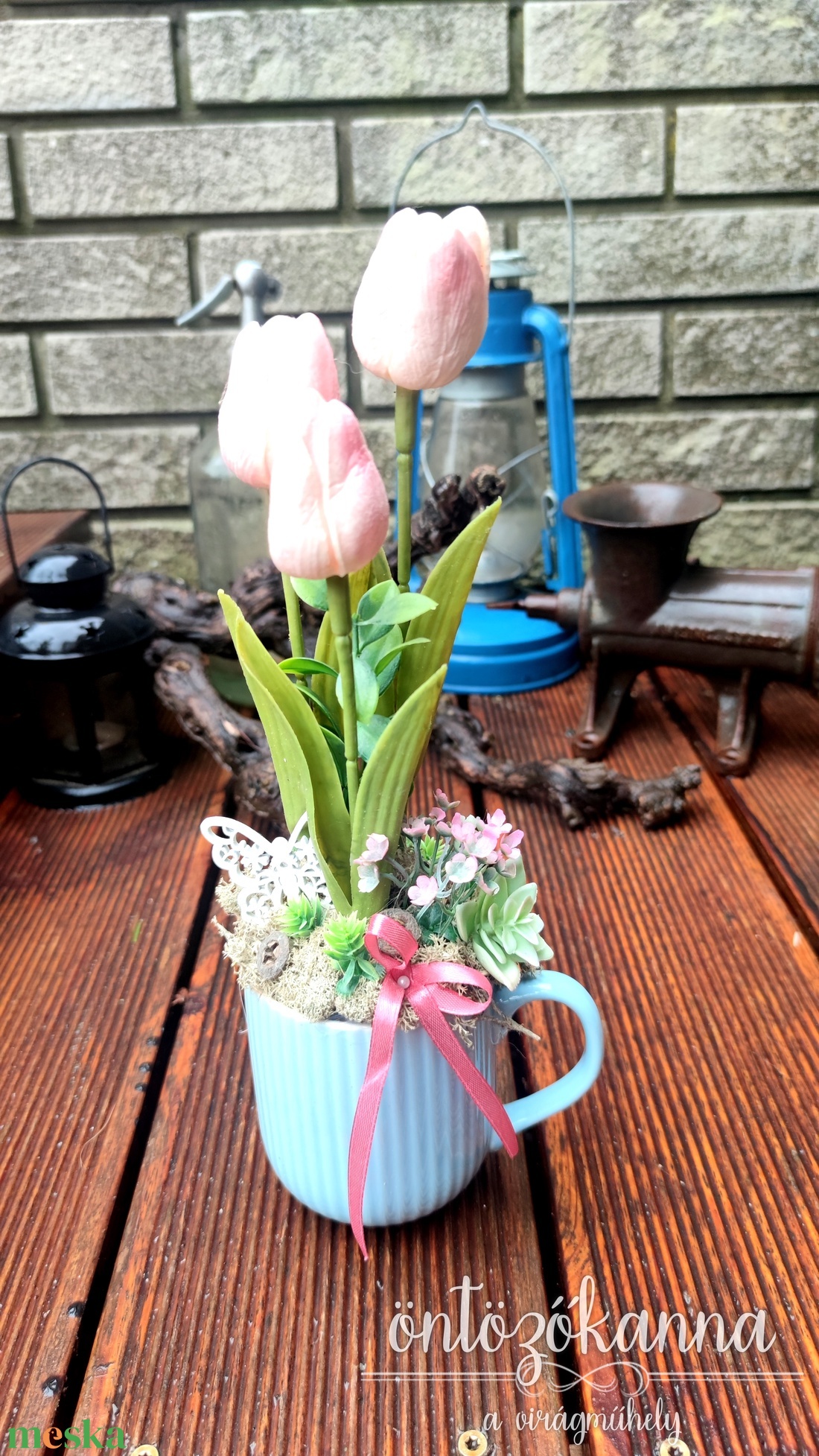 Tulipános bögredísz kék-rózsaszín - otthon & lakás - dekoráció - asztal és polc dekoráció - dekorációs tál, tartó - Meska.hu