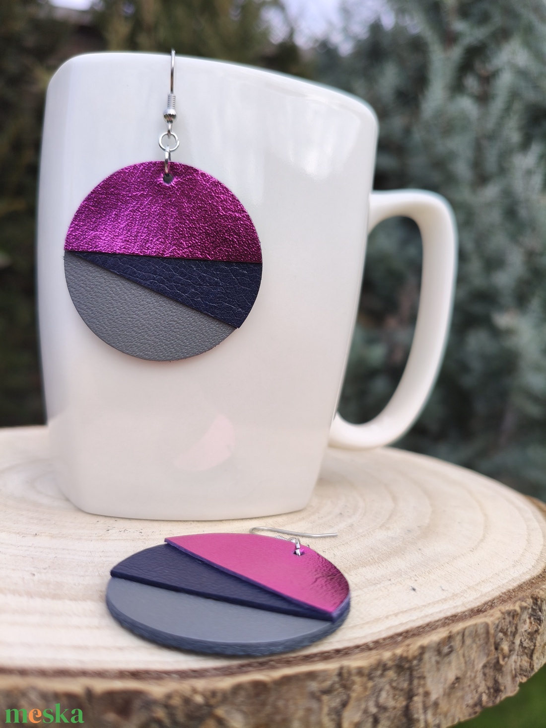 Pink félhold bőr füli  - ékszer - fülbevaló - lógós kerek fülbevaló - Meska.hu