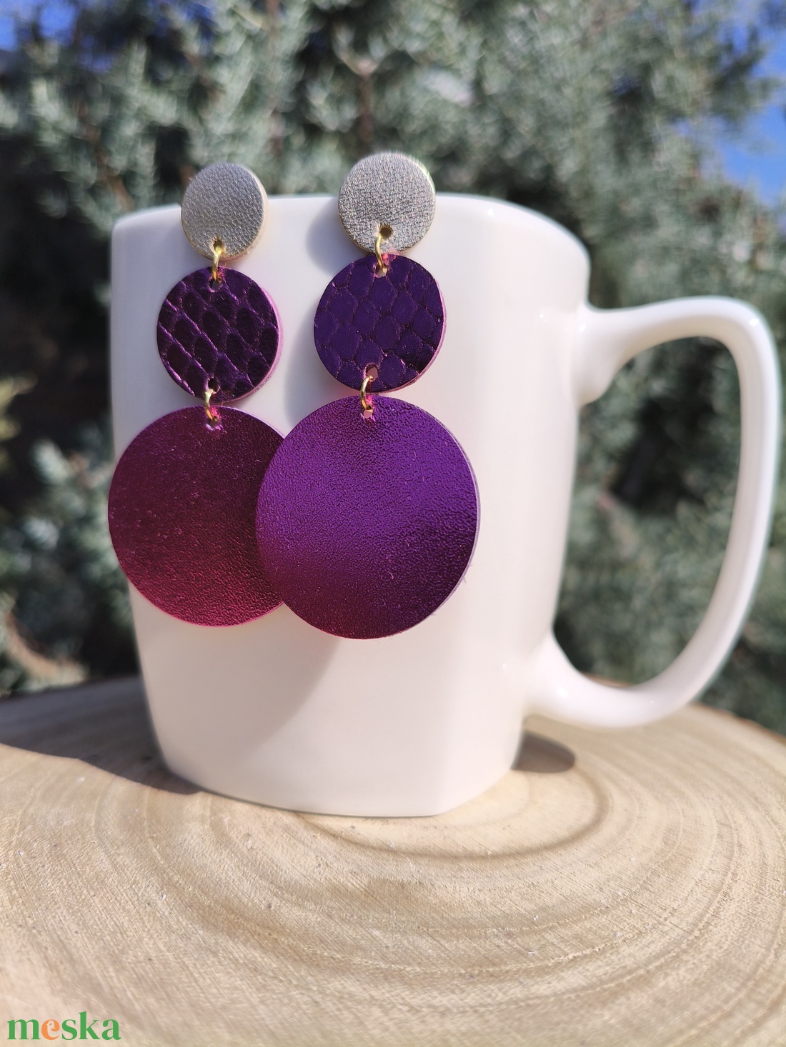 Pink -lila körök bőr füli  - ékszer - fülbevaló - lógó fülbevaló - Meska.hu