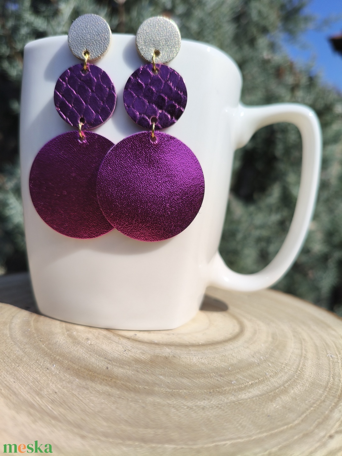 Pink -lila körök bőr füli  - ékszer - fülbevaló - lógó fülbevaló - Meska.hu