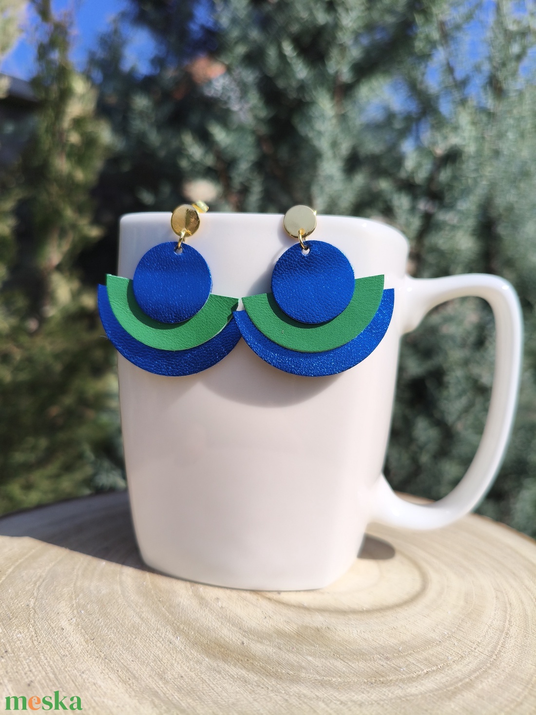 Kék-zöld bőr füli  - ékszer - fülbevaló - lógó fülbevaló - Meska.hu