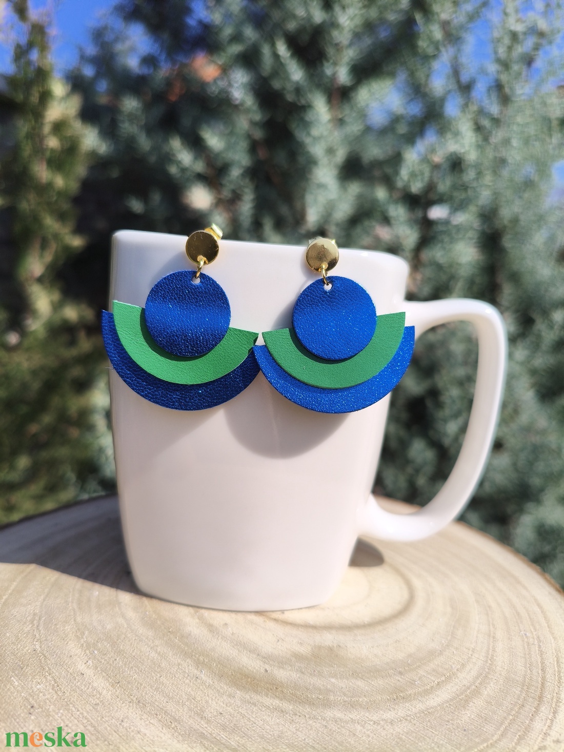 Kék-zöld bőr füli  - ékszer - fülbevaló - lógó fülbevaló - Meska.hu