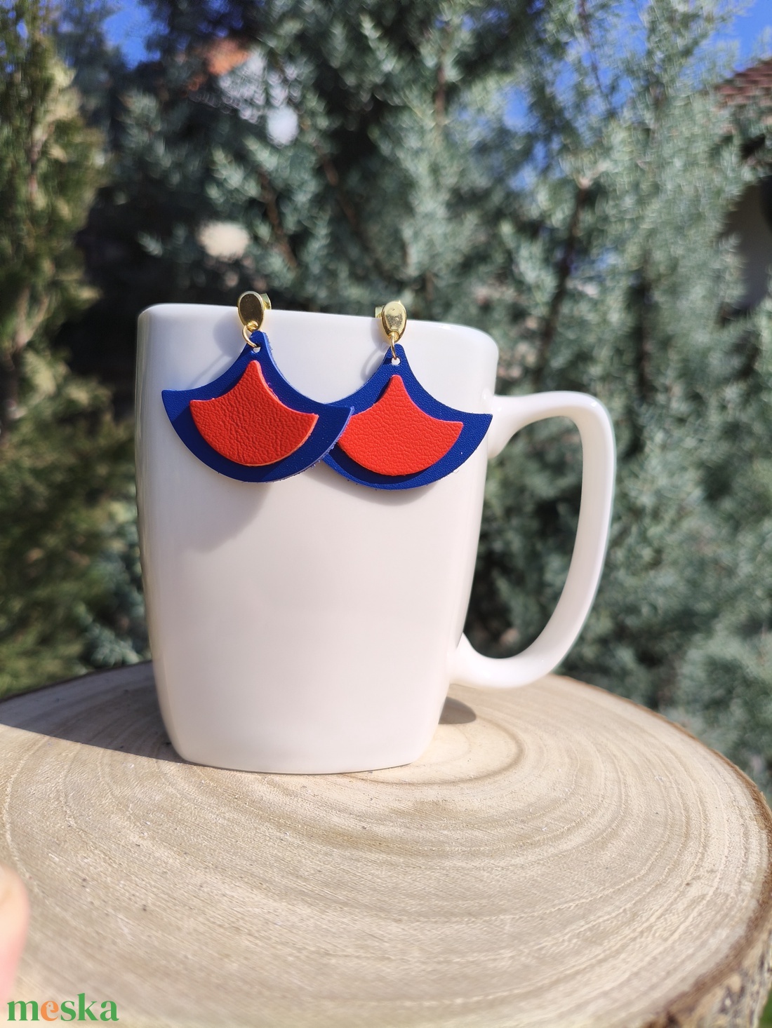 Kék-narancspiros bőr füli  - ékszer - fülbevaló - lógó fülbevaló - Meska.hu