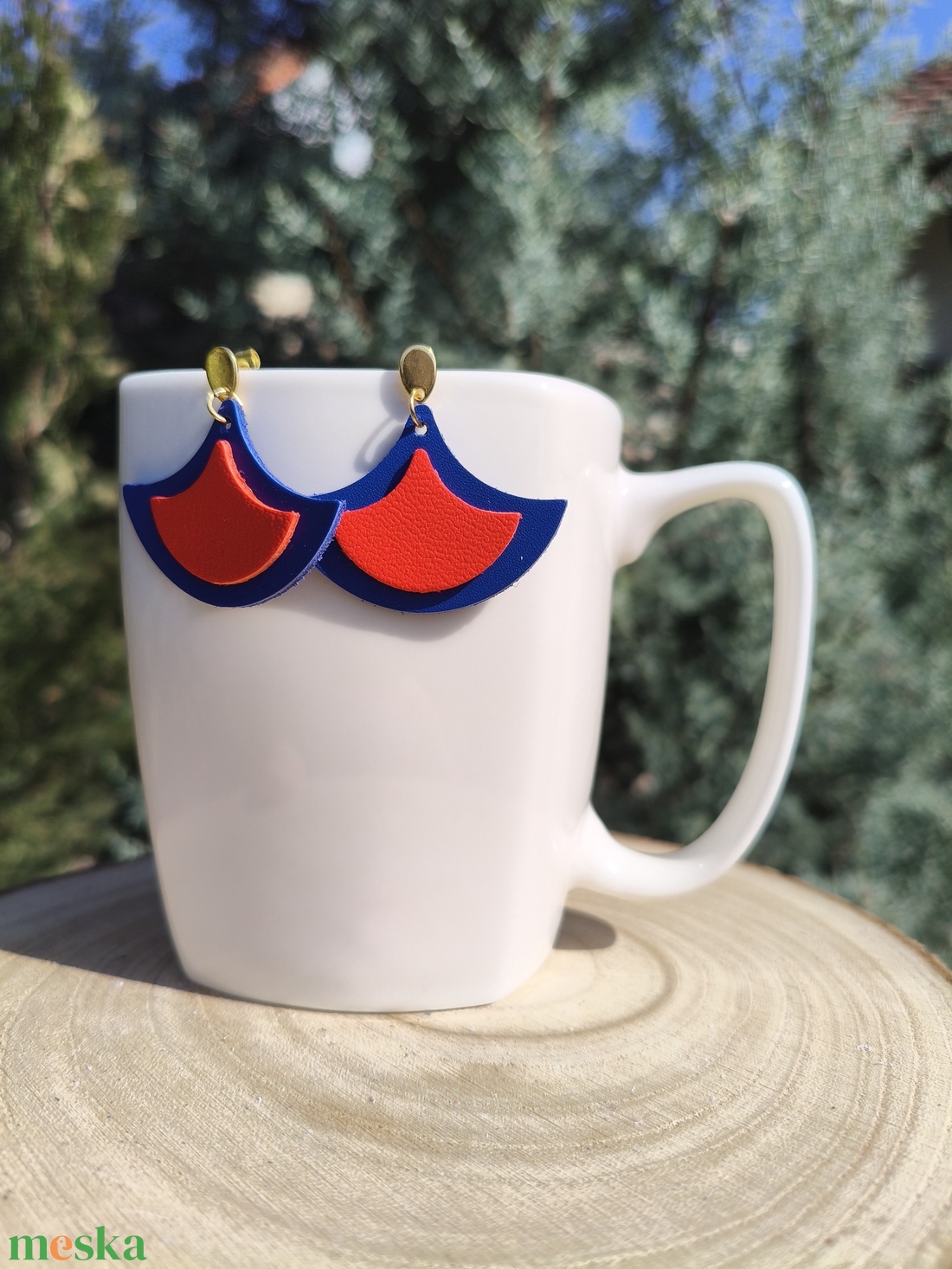 Kék-narancspiros bőr füli  - ékszer - fülbevaló - lógó fülbevaló - Meska.hu