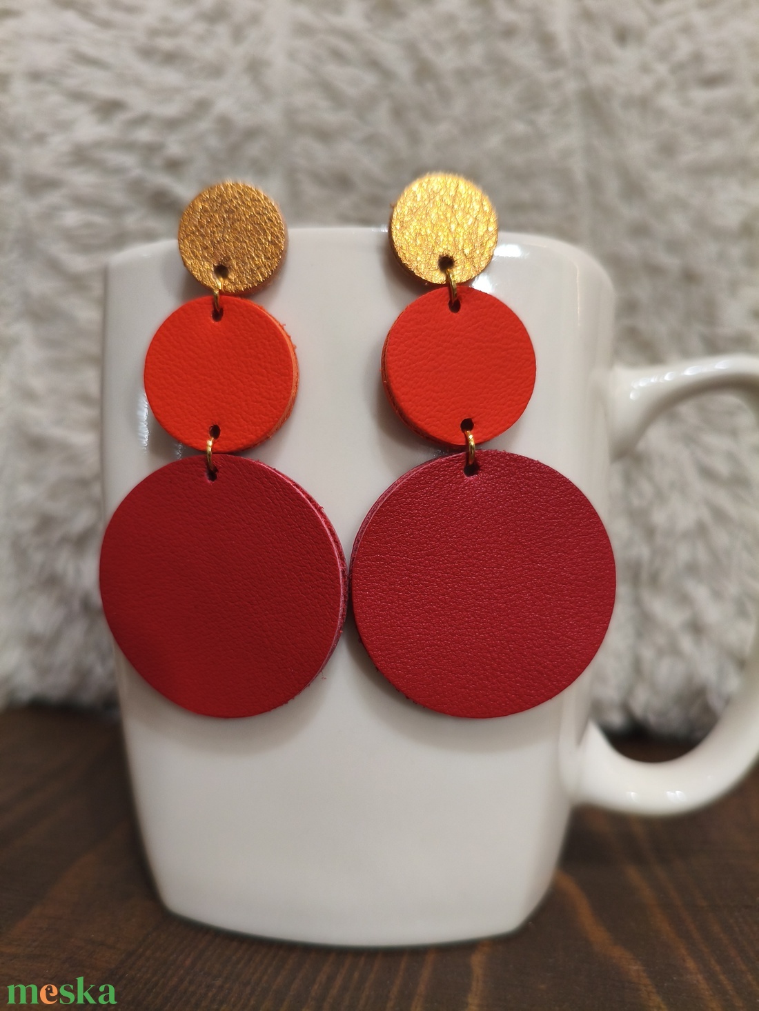 Narancs -piros körök bőr füli  - ékszer - fülbevaló - lógó fülbevaló - Meska.hu