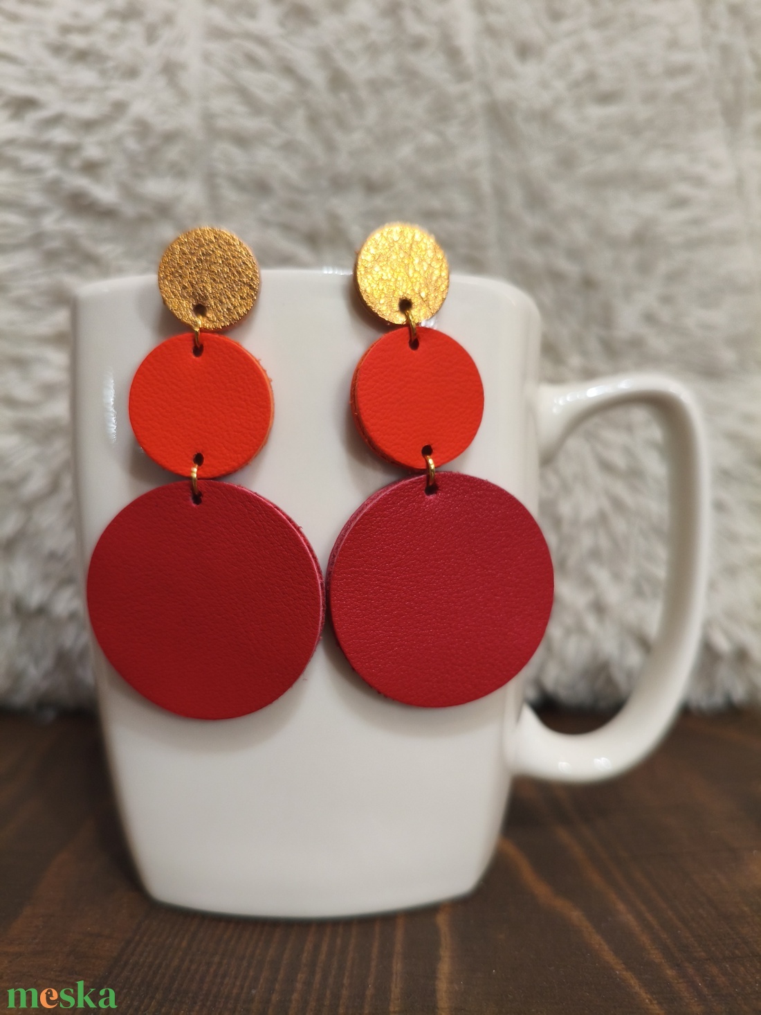 Narancs -piros körök bőr füli  - ékszer - fülbevaló - lógó fülbevaló - Meska.hu