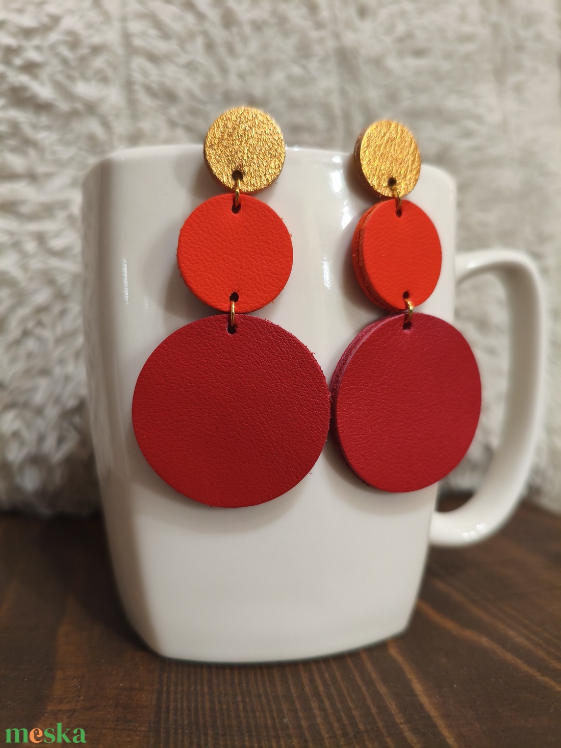 Narancs -piros körök bőr füli  - ékszer - fülbevaló - lógó fülbevaló - Meska.hu