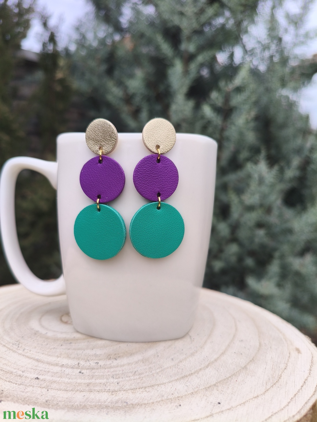 Pezsgő -lila-zöld körök bőr füli  - ékszer - fülbevaló - lógó fülbevaló - Meska.hu