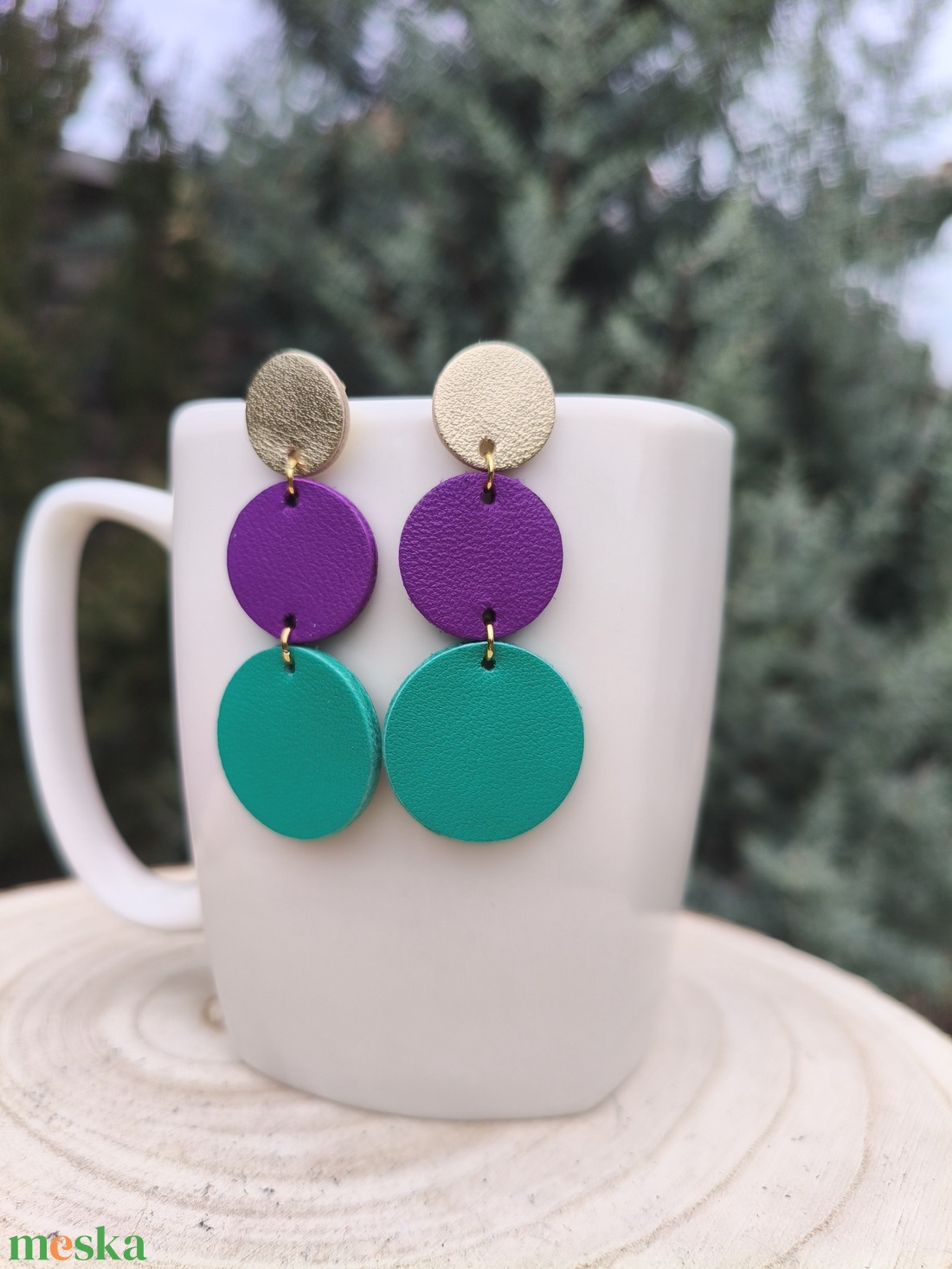 Pezsgő -lila-zöld körök bőr füli  - ékszer - fülbevaló - lógó fülbevaló - Meska.hu