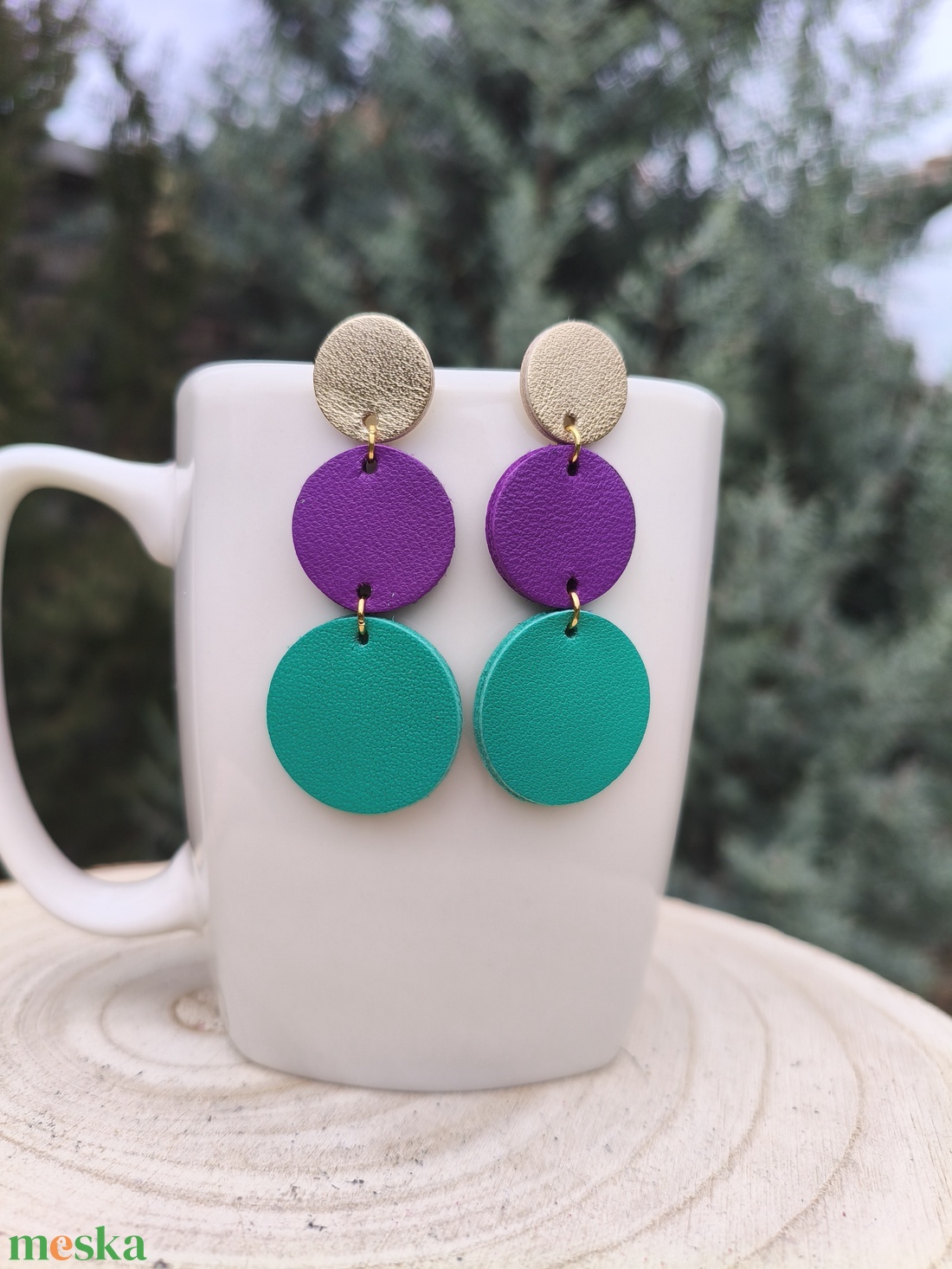 Pezsgő -lila-zöld körök bőr füli  - ékszer - fülbevaló - lógó fülbevaló - Meska.hu