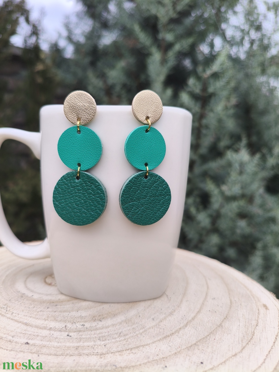 Pezsgő -lila-zöld körök bőr füli  - ékszer - fülbevaló - lógó fülbevaló - Meska.hu