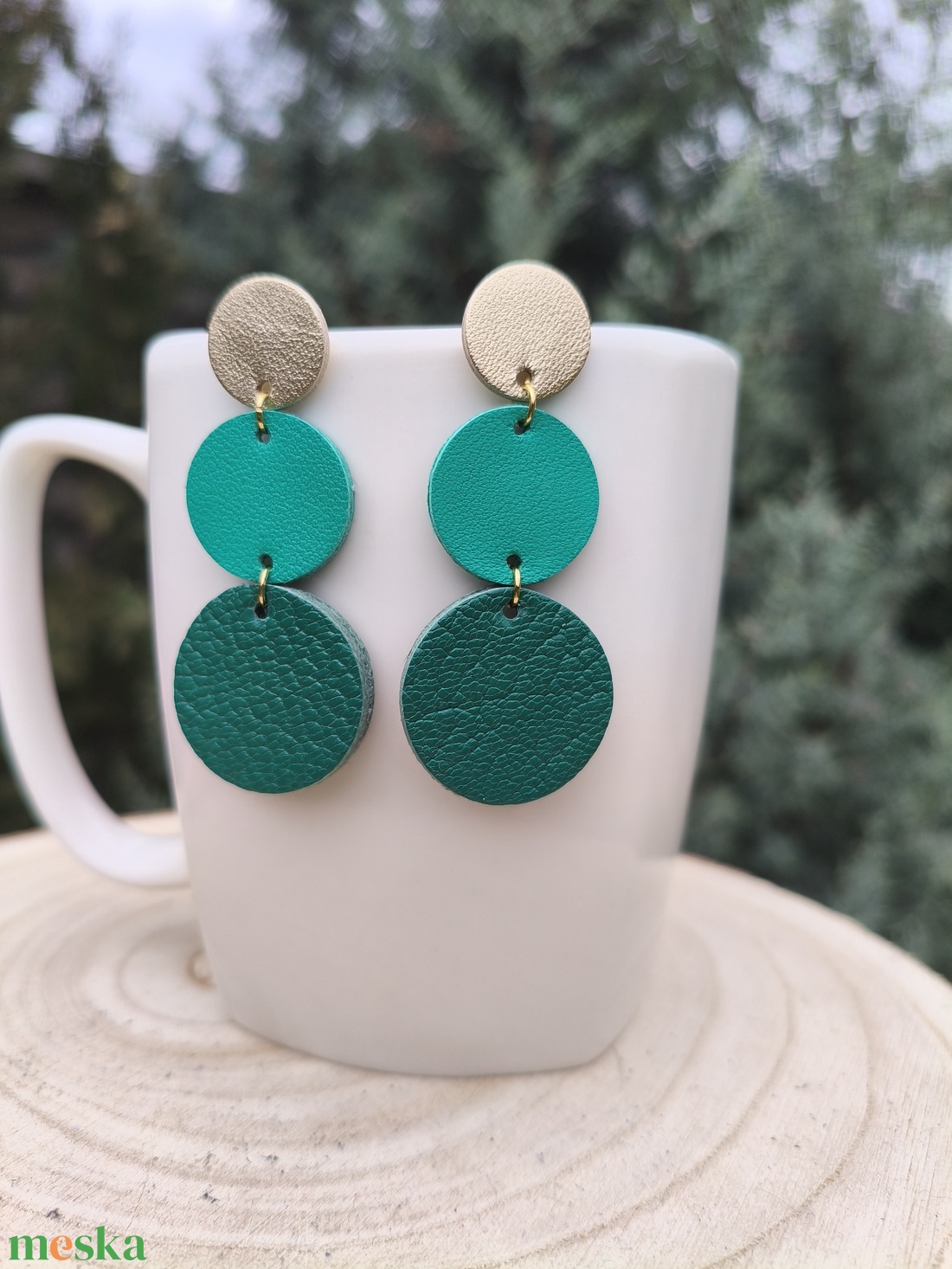 Pezsgő -lila-zöld körök bőr füli  - ékszer - fülbevaló - lógó fülbevaló - Meska.hu