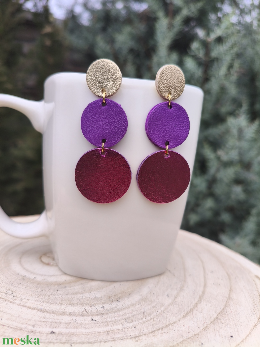 Pezsgő -lila-zöld körök bőr füli  - ékszer - fülbevaló - lógó fülbevaló - Meska.hu