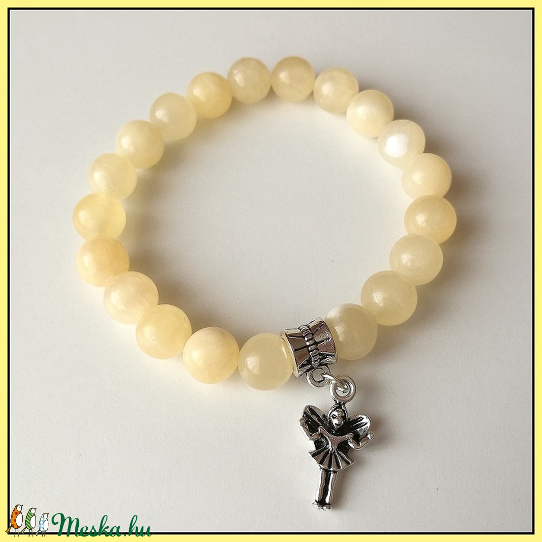 Sárga jáde ásvány karkötő, 8mm-es, magas minőségű természetes féldrágakövekből, balerina függővel -  - Meska.hu