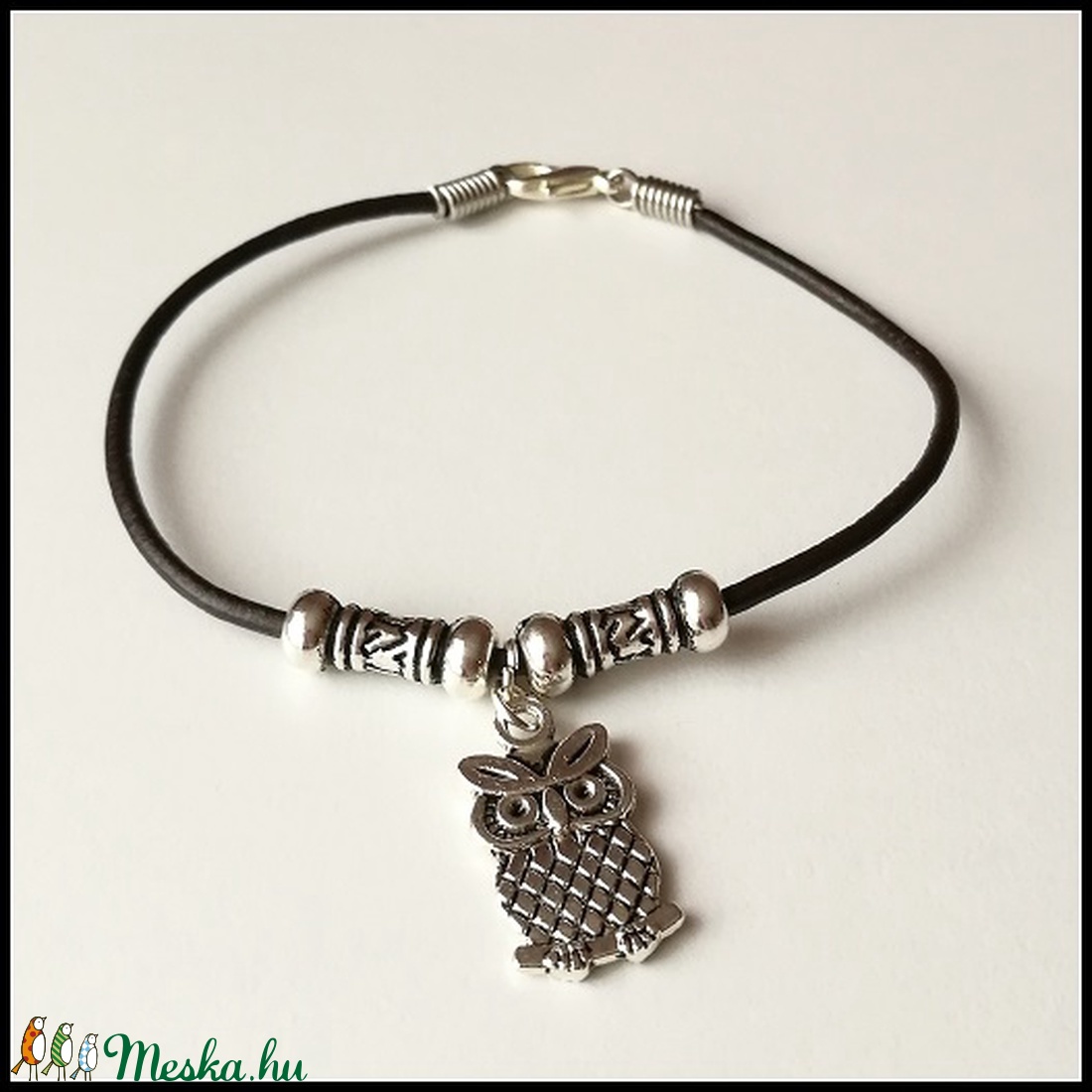 Egyedi valódi bőr karkötő bagoly függővel -  - Meska.hu