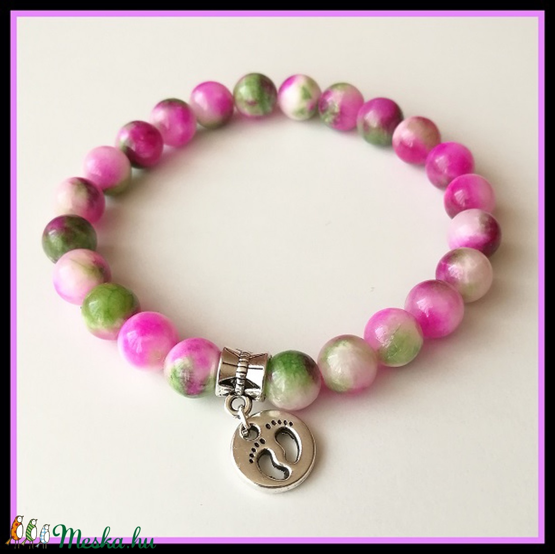 Babaváró karkötő, zöld-pink-zebra jáde, 8mm-es, magas minőségű természetes féldrágakövekből -  - Meska.hu