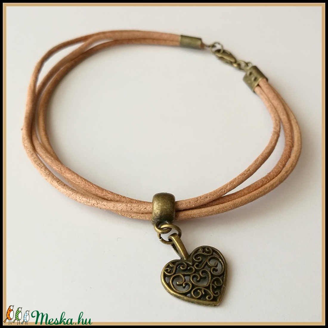 Egyedi natúr valódi bőr karkötő bronz szív függővel -  - Meska.hu