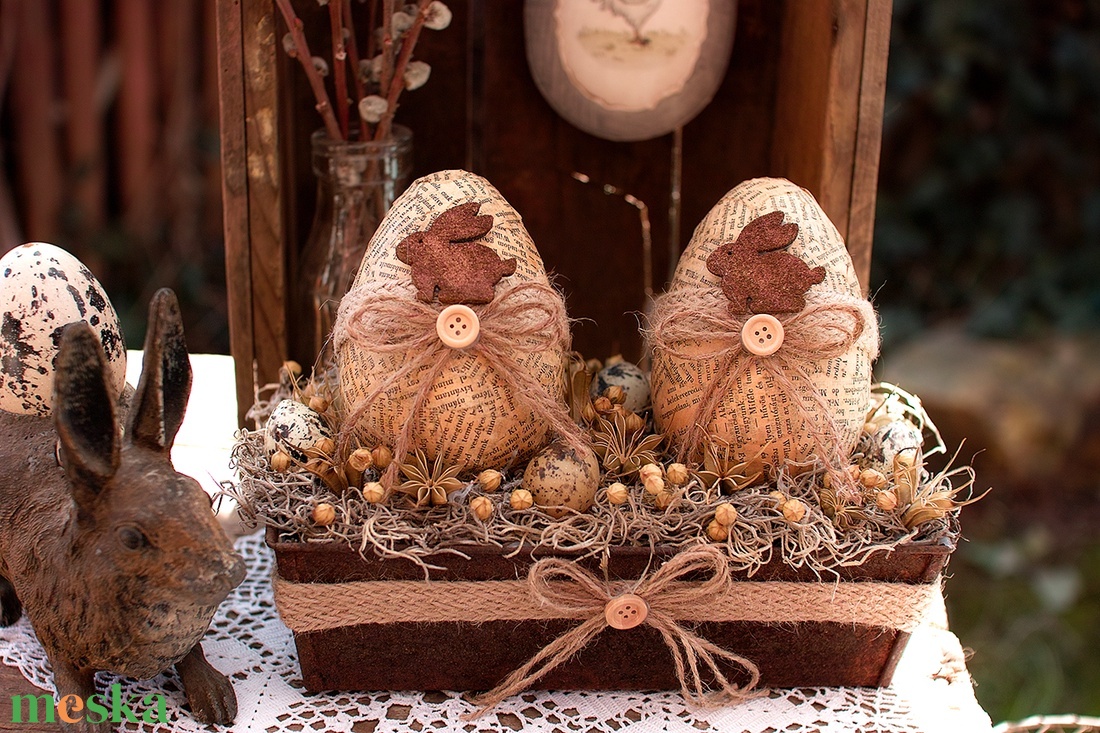 Húsvéti asztaldísz 2 nyuszis tojással - otthon & életmód - dekoráció - asztal és polc dekoráció - asztaldísz - Meska.hu