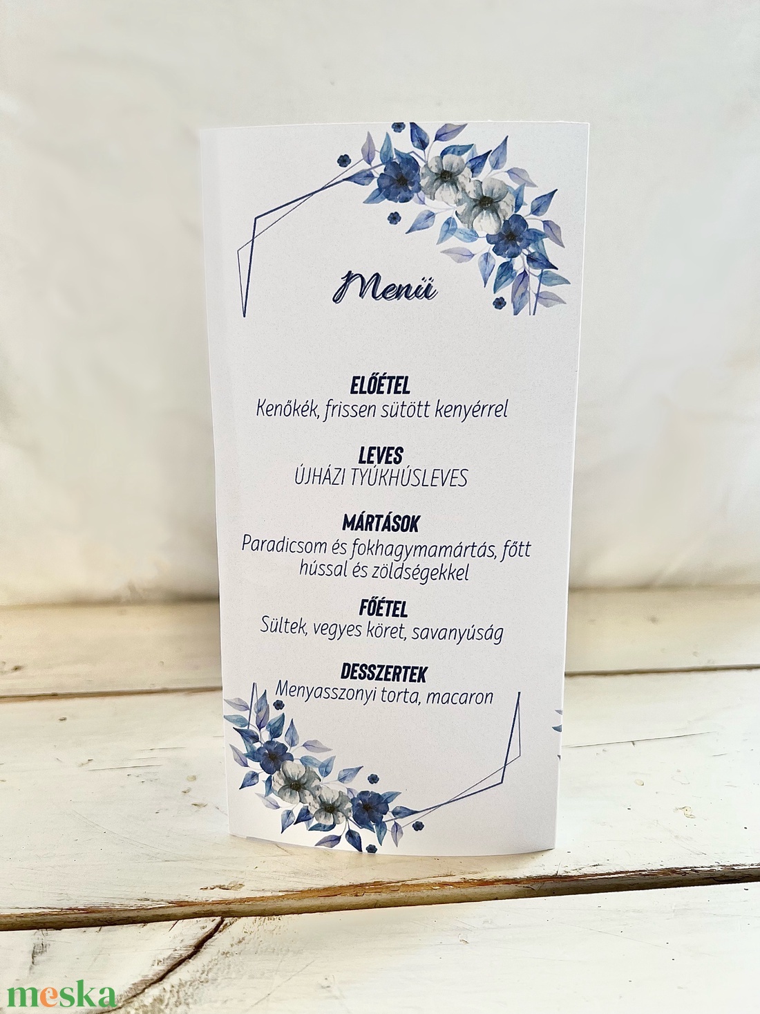 Menü-Ital Háromszög Kék Virágos - esküvő - meghívó & kártya - menü - Meska.hu
