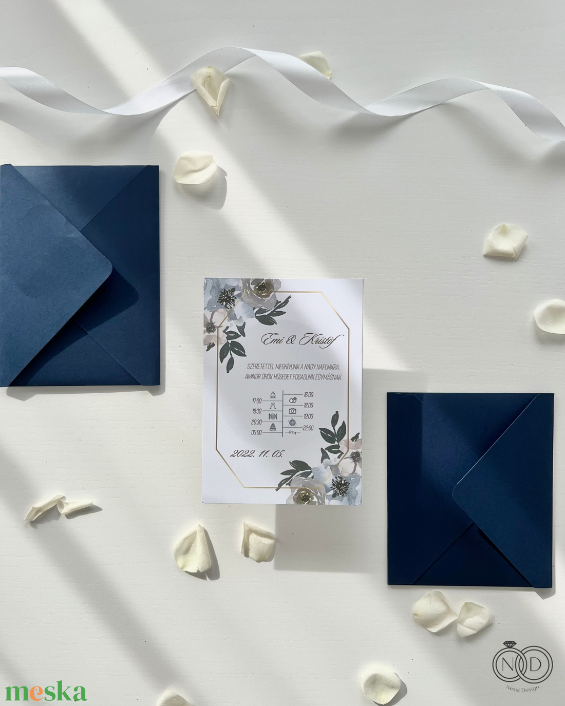 Esküvői Meghívó Kék Virágos - esküvő - meghívó & kártya - meghívó - Meska.hu