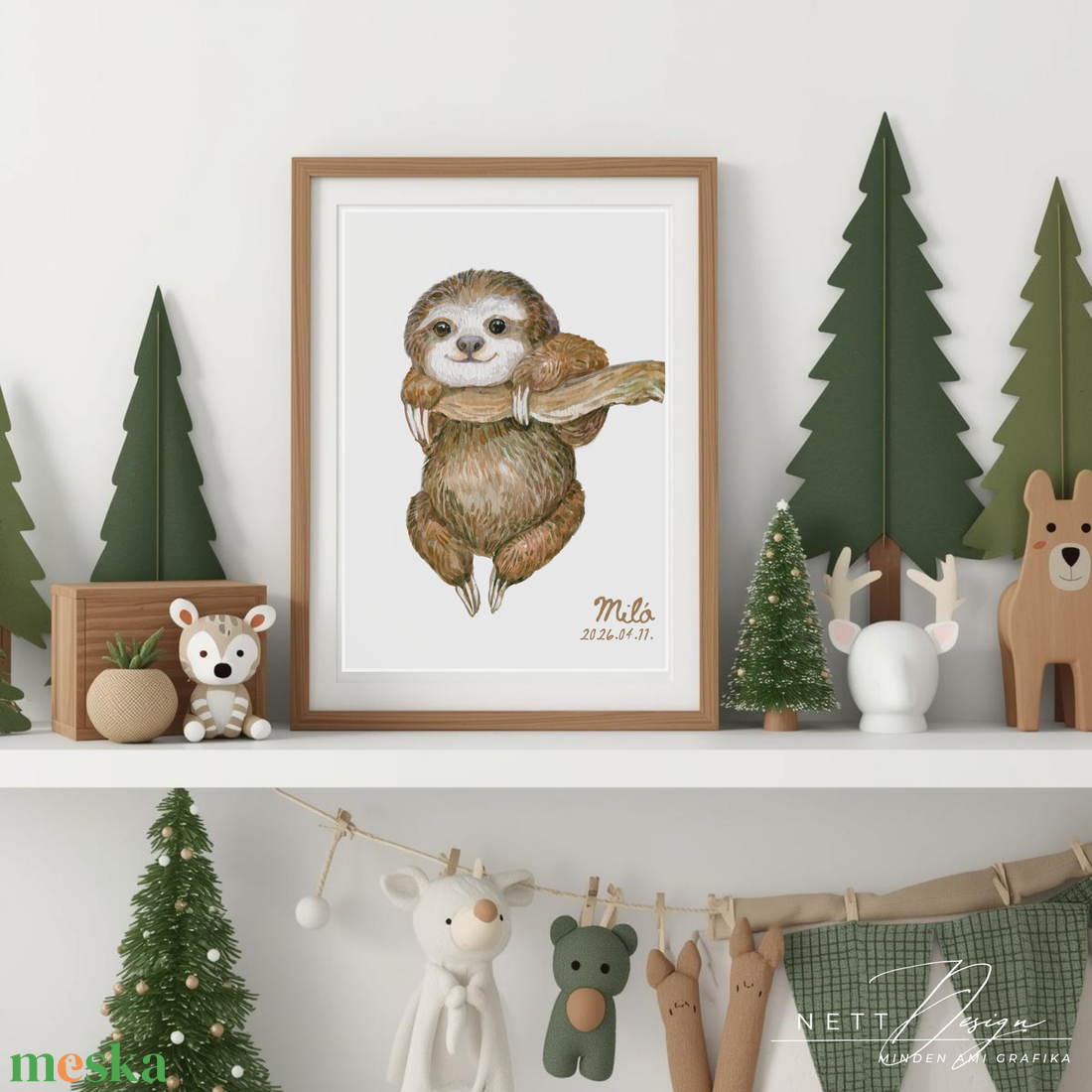 Személyre szabható gyerekszoba falikép - Lajhár illusztrációval - baba - mama - babaszoba dekoráció - babaposzter - Meska.hu