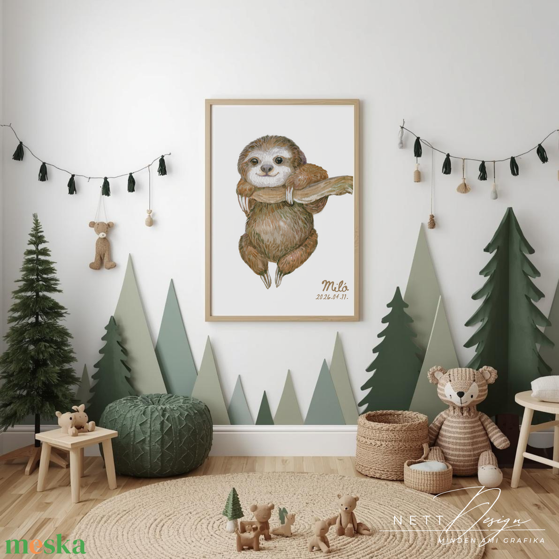 Személyre szabható gyerekszoba falikép - Lajhár illusztrációval - baba - mama - babaszoba dekoráció - babaposzter - Meska.hu