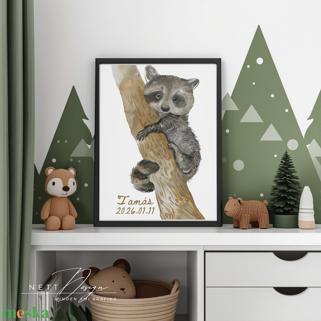 Személyre szabható gyerekszoba falikép - Mosómedve illusztrációval - baba - mama - babaszoba dekoráció - babaposzter - Meska.hu