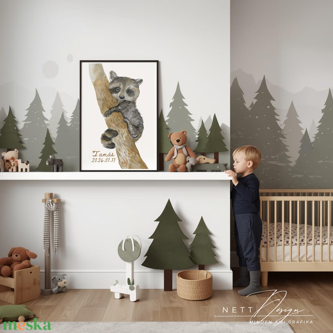 Személyre szabható gyerekszoba falikép - Mosómedve illusztrációval - baba - mama - babaszoba dekoráció - babaposzter - Meska.hu