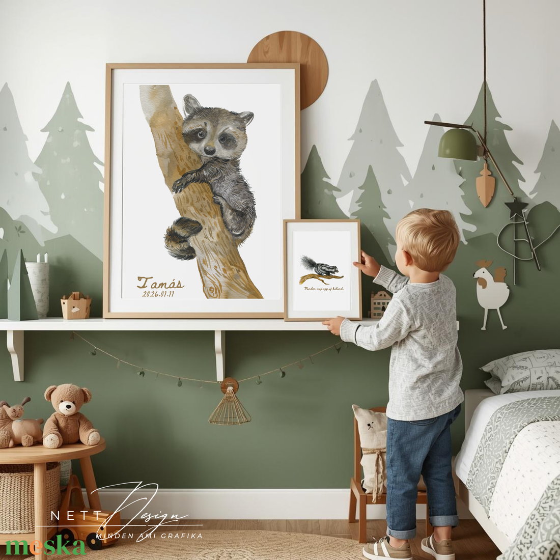 Személyre szabható gyerekszoba falikép - Mosómedve illusztrációval - baba - mama - babaszoba dekoráció - babaposzter - Meska.hu