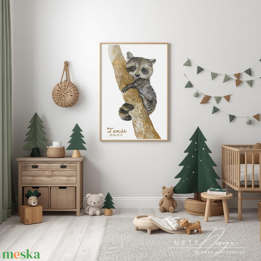 Személyre szabható gyerekszoba falikép - Mosómedve illusztrációval - baba - mama - babaszoba dekoráció - babaposzter - Meska.hu