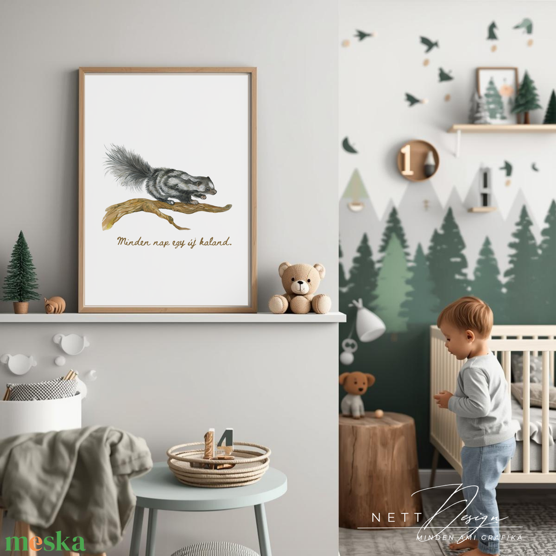 Személyre szabható gyerekszoba falikép - Borz illusztrációval - baba - mama - babaszoba dekoráció - babaposzter - Meska.hu