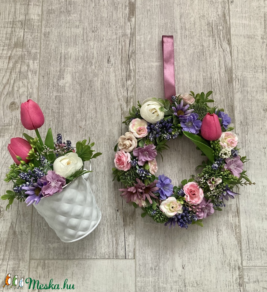 Pink tulipános szett, lila virágos kopogtató selyemszalaggal - otthon & életmód - dekoráció - Meska.hu