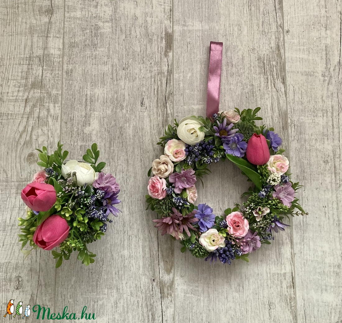 Pink tulipános szett, lila virágos kopogtató selyemszalaggal - otthon & életmód - dekoráció - Meska.hu